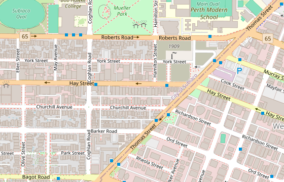 Street map showing the clinic location on Hay Street, between Coghlan Road and Hamilton Street in Subiaco.
